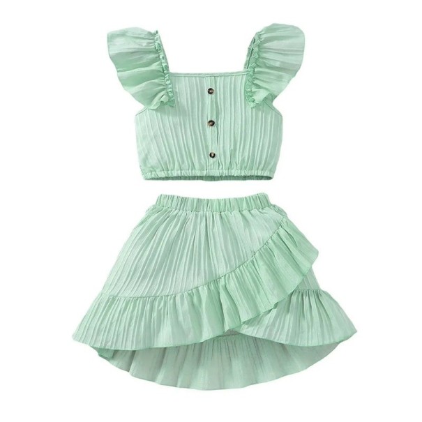 Meisjes zomer set T-shirt met korte mouwen en rok Rimpeling O-hals met knopen Elegante set voor meisjes groen 10