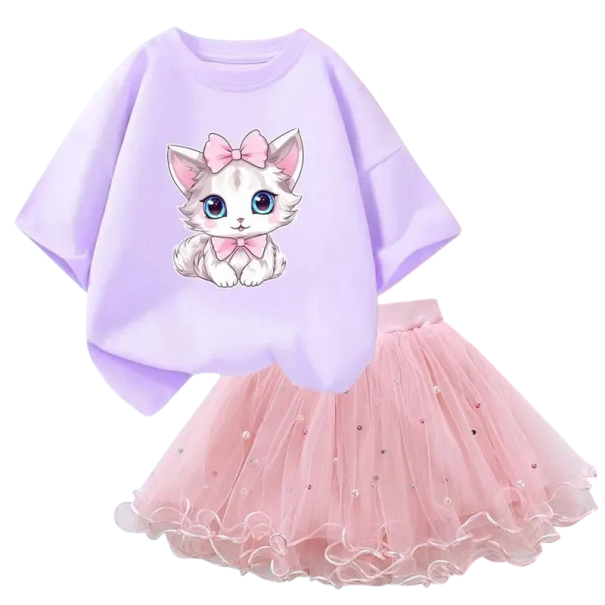 Meisjes zomer set T-shirt met korte mouwen en roze rok Ronde hals Kattenprint Katoen polyester comfortabele set paars 8