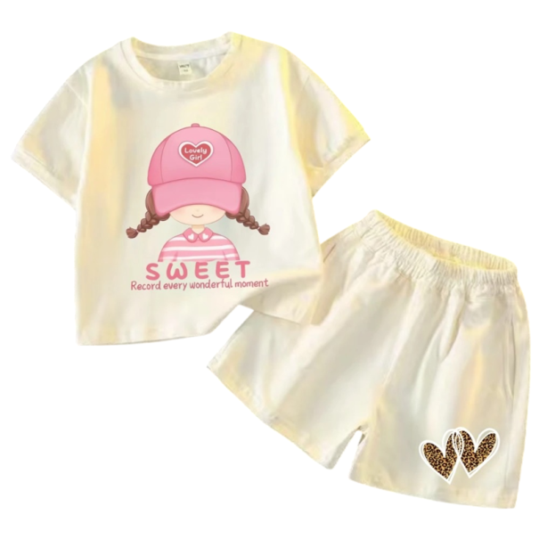 Meisjes zomer set T-shirt met korte mouwen en shorts met hartjes Ronde halsafwerking Print van een meisje met een pet Comfortabele set beige 4