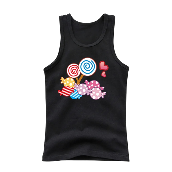 Meisjes zomer tanktop zonder mouwen 100% katoen Effen shirt met cartoonmotief van lolly's en snoepjes Schattige top voor kinderen zwart 10