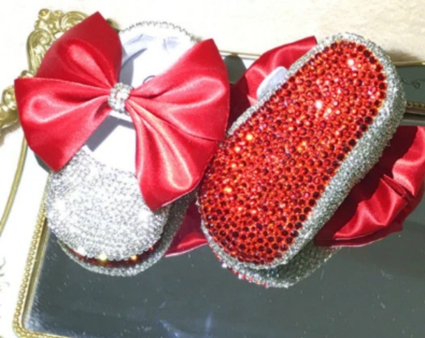 Meisjespantoffels met strass steentjes en strik rood 6-12 maanden