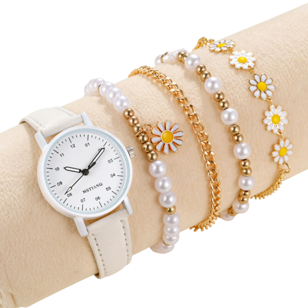 Meisjesset creatieve madeliefjesarmbanden en horloges 4 stuks 18+5 cm 18 cm Quartz horloges 30 mm Zinklegering 1