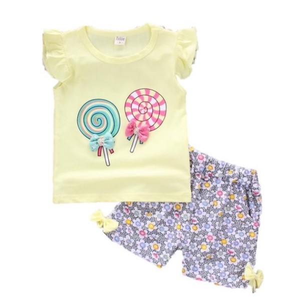 Meisjesset - T-shirt met lolly&#39;s en short met bloemen J2493 geel 9-12 maanden