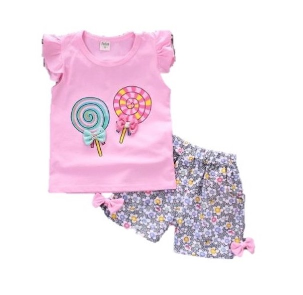 Meisjesset - T-shirt met lolly&#39;s en short met bloemen J2493 lichtroze 9-12 maanden