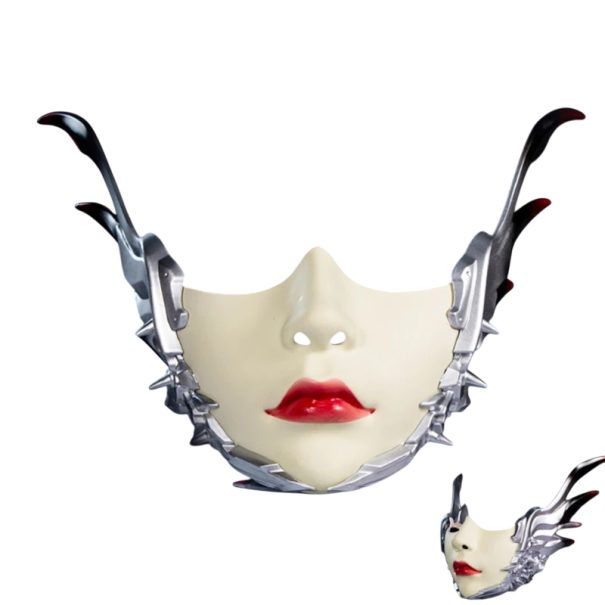Mekaaninen puolikas kasvonaamio huulipunalla ja rautakoristeilla, naamiais- ja cosplay-maskit karnevaaleille, Halloween, eri värejä, rekvisiitta hopeinen