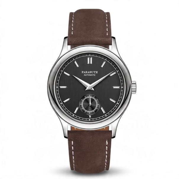 Men's Automatic Watch Farasute Elegant with Small Second Hand Water Resistant 5 Bar Diameter 39 mm Stainless Steel Sapphire Glass Leather Strap black