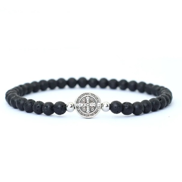 Men's Beaded Bracelet with Cross Wood Onyx 19.5cm 4mm Elegant Design for Men Quality Material for Everyday Wear black