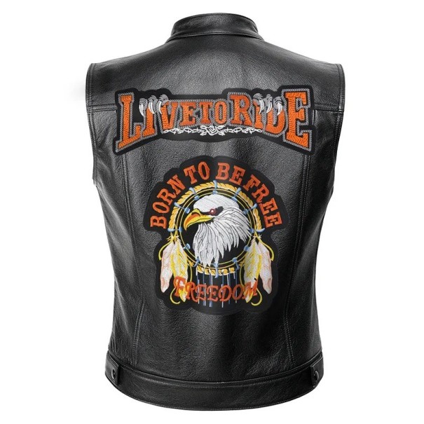 Men's Biker Vest with Eagle Print and Born To Ride Slogan in Black PU Leather XS