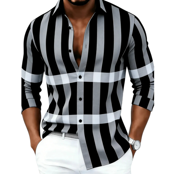 Men's Black Striped Long Sleeve Shirt with Grey Vertical Stripes and White Horizontal Bands Complemented by a Classic Collar XXS
