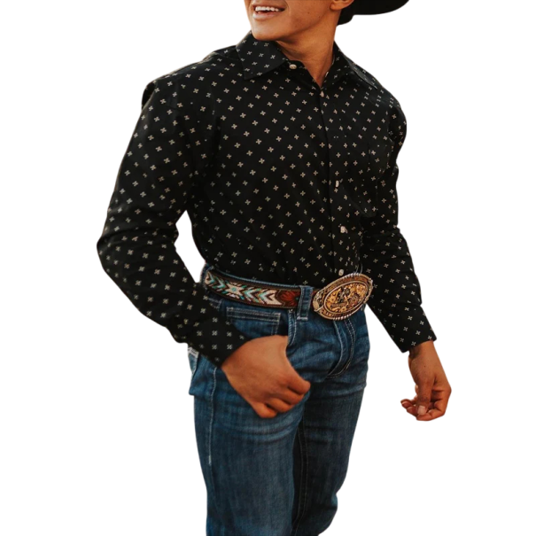 Men's Black Western Shirt with Long Sleeves and Small All-Over Pattern of Light Stars, Classic Collar and Full-Length Fastening XL
