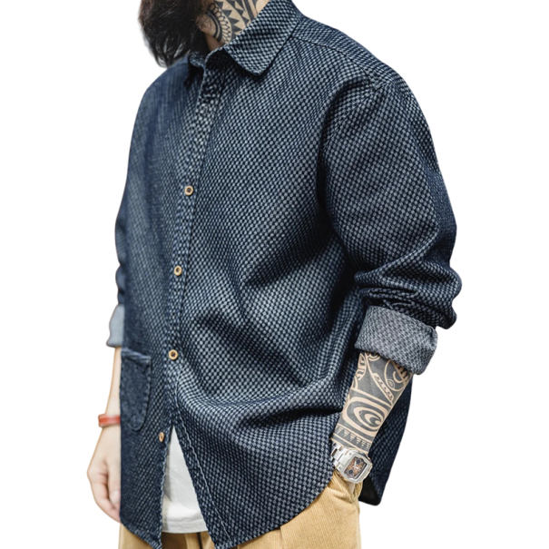 Men's Blue Checked Long Sleeve Shirt in Loose Fit with Classic Collar, Contrast Buttons and Sewn Pocket XXL