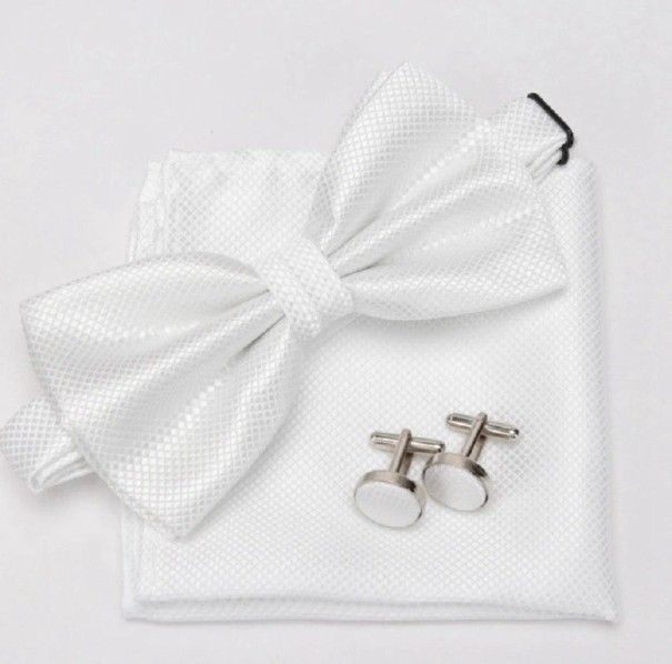 Men's Bow Tie, Pocket Square and Cufflinks white