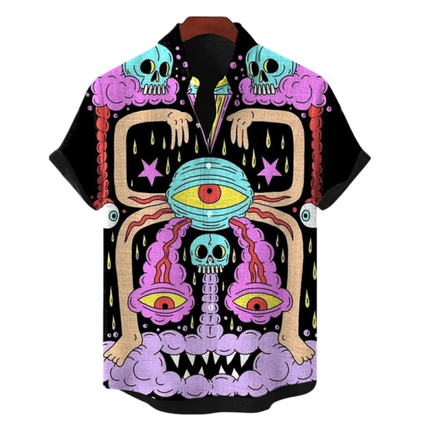 Men's Button-Down Collar Shirt Short Sleeve Polyester Spandex Black Alien Print Summer Casual Shirt XXL