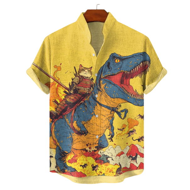 Men's Button-Down Collar Short Sleeve Polyester Spandex Yellow Cat on Dinosaur Print Summer Casual Shirt XS