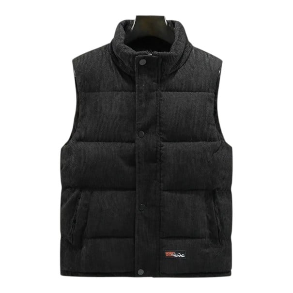 Men's Corduroy Gilet with High Collar and Snap Fastening Along the Length, Quilted, Sleeveless with Side Pockets black S