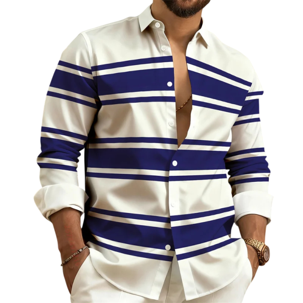 Men's Cream Loose-Fitting Long-Sleeved Shirt with Dark Blue Horizontal Stripes of Varying Widths, Classic Collar and Button Cuff XS
