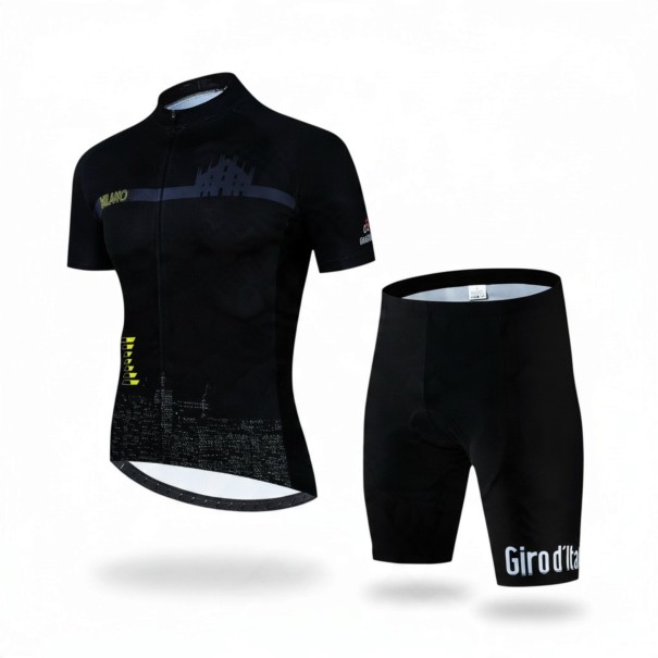 Men's Cycling Set Short Sleeve Jersey and Shorts with Padding 90% Polyester and 10% Lycra Black Jersey with Yellow Details XS
