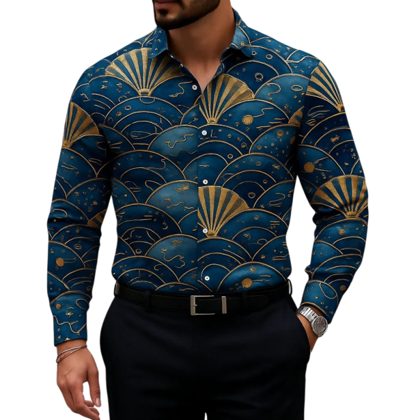 Men's Dark Blue Dress Shirt with Gold Pattern of Arches and Fans, Long Sleeves, Fitted Cut and Classic Collar with Cuff XS