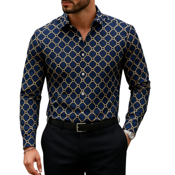 Men's Dark Blue Dress Shirt with Gold Rhombus Pattern and Rings, Long Sleeves, Classic Collar and Button Cuff XS