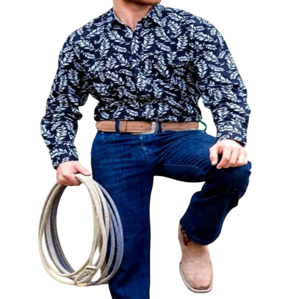 Men's Dark Blue Western Shirt with Long Sleeves and All-Over White Leaf Print with Classic Collar and Button Fastening XXS