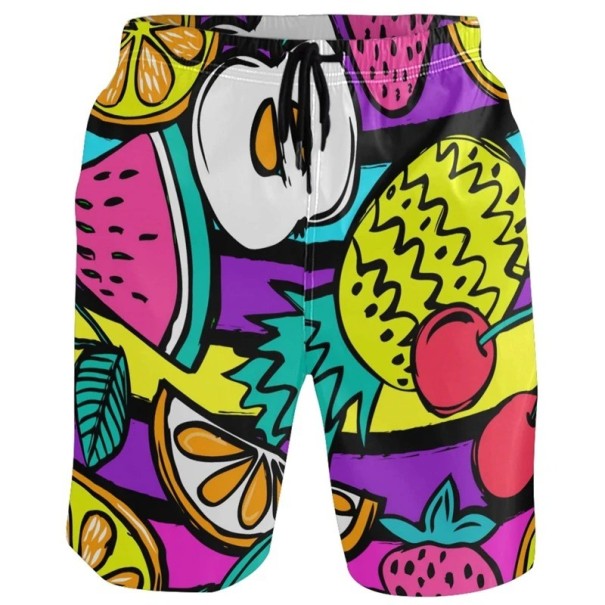 Men's Fruit Print Swim Shorts with Pockets Polyester Quick-Drying Summer Swimming Shorts for Beach and Pool M