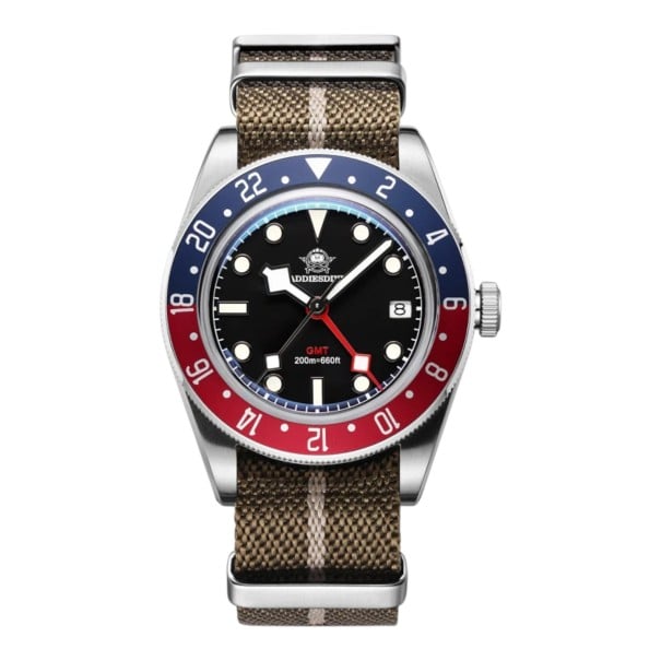 Men's GMT Watch with Date Waterproof 200 m Luminous Indices BGW9 Case 39 mm Stainless Steel 316L NATO Nylon Strap For Swimming and Diving brown