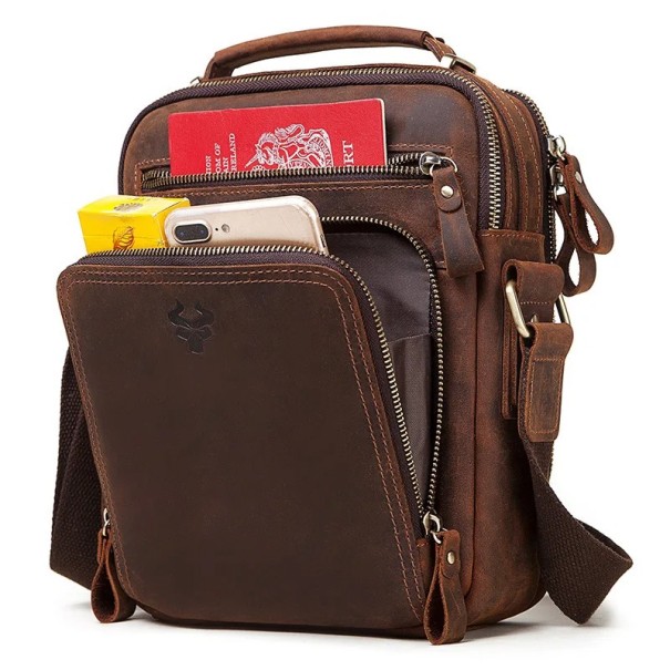 Men's Leather Shoulder Bag 25×21×9.5 cm Vintage Travel Bag with Large Capacity Elegant Crossbody Bag for Men for Everyday Use dark brown