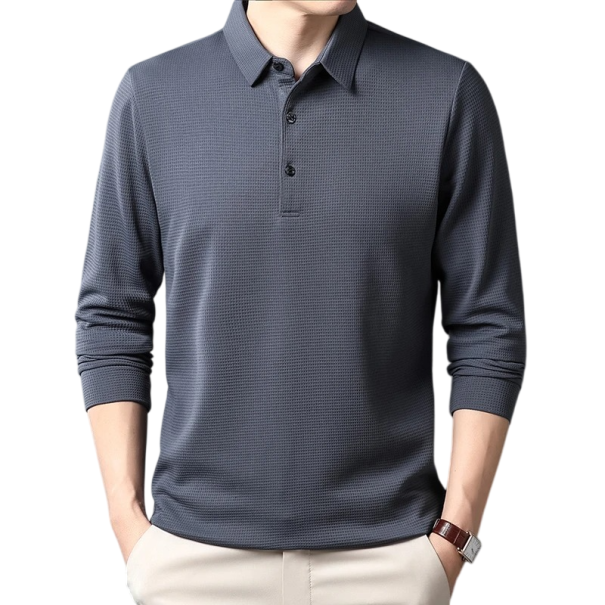 Men's Long Sleeve Polo Shirt Plain Collar Buttons Polyester Classic Fit For Everyday Wear dark grey XXS