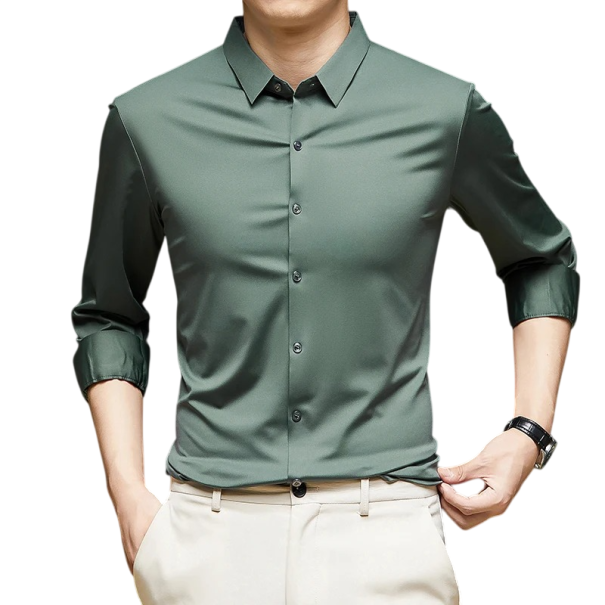 Men's Long Sleeve Shirt Plain Design Button Fastening V-Neck Spandex and Polyamide Comfortable Fit All-Year-Round green M