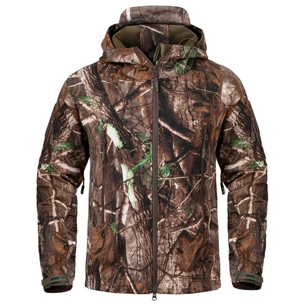 Men's Outdoor Softshell Jacket Tree Camouflage Pattern Hunting Jacket with Hood Zipped Pockets Breathable Jacket for Nature S