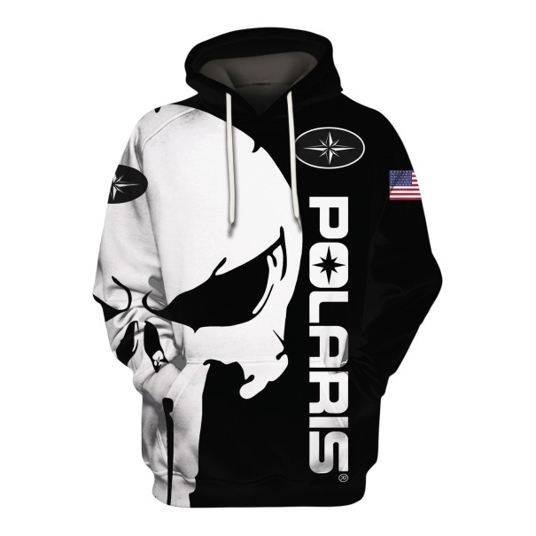 Men's Pullover Hoodie with White Drawstrings Featuring Skull Print and American Flag on Sleeve in Biker Style Black and White XS