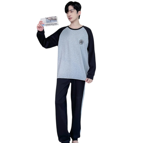 Men's Pyjama Long Sleeve and Trousers O Neck Polyester Spandex Black-Grey Comfortable Pyjama with Logo on the Chest XS