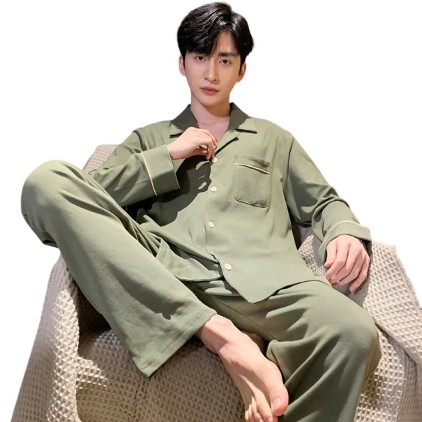 Men's Pyjama Long Sleeve and Trousers with Collar Button Fastening Polyester Green Pyjama with Pocket for Home Wear XS