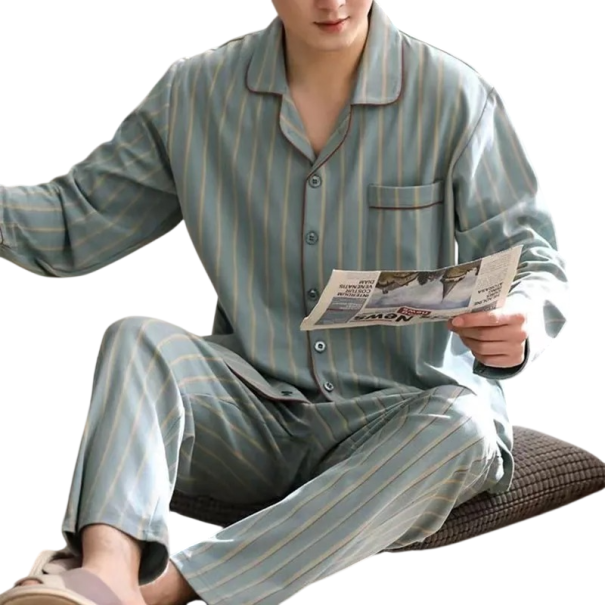Men's Pyjama Long Sleeve and Trousers with Collar Button Fastening Polyester Grey Pyjama with Pocket and Prints XS