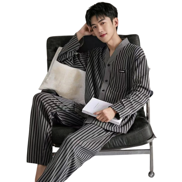 Men's Pyjama Long Sleeve and Trousers with Collar Button Fastening Polyester Grey Striped Pyjama with Pocket L