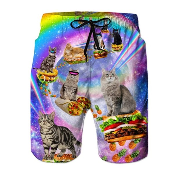 Men's Rainbow Print Cat Burger Swim Shorts Polyester Drawstring Summer Beach Pool S
