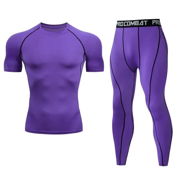 Men's Set of Leggings and Short-Sleeved T-Shirt, O-Neck, Polyester purple S