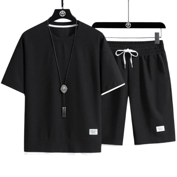 Men's Set with Drawstring Shorts, Short Sleeve T-Shirt and O-Neck, Plain, Polyester black L