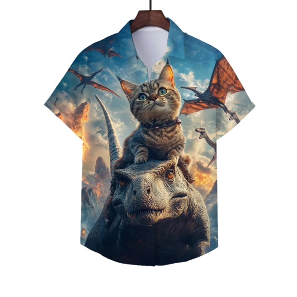 Men's Shirt with Button-Down Collar Short Sleeve Polyester Spandex Blue Cat on Dinosaur Print Summer Casual Shirt XS