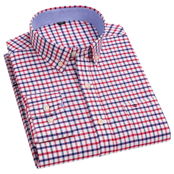 Men's Shirt with Collar and Pocket Checkered Solid Pattern Cotton Button-Up Shirt for Everyday Wear red L
