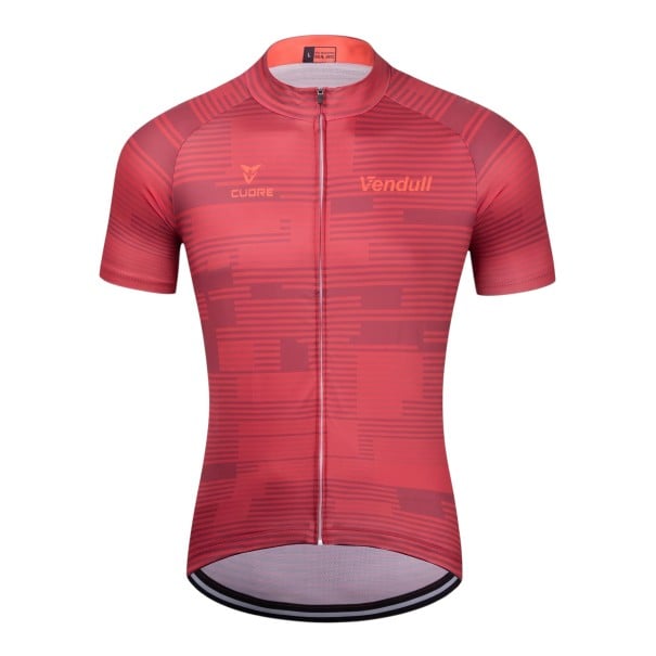 Men's Short Sleeve Cycling Jersey with Full Length Zip and Toned Pattern of Stripes and Rectangles in Red XS