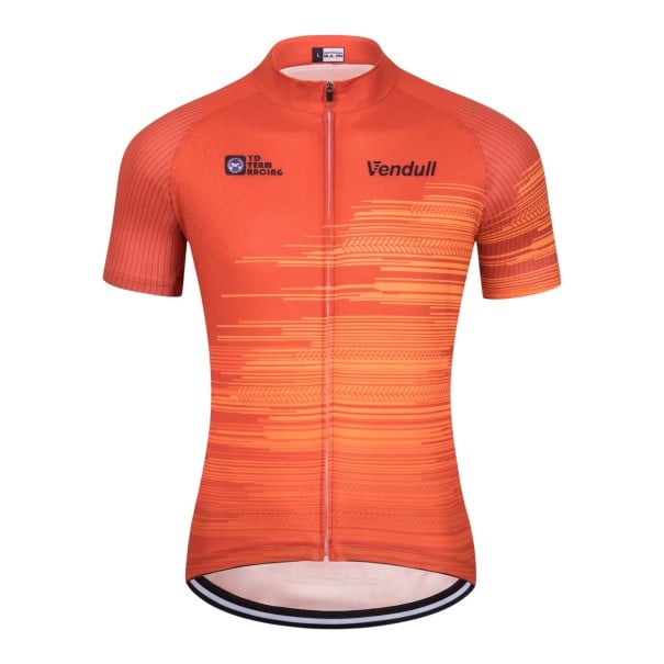 Men's Short Sleeve Cycling Jersey with Full Zip and Horizontal Speed Lines Pattern in Orange XL