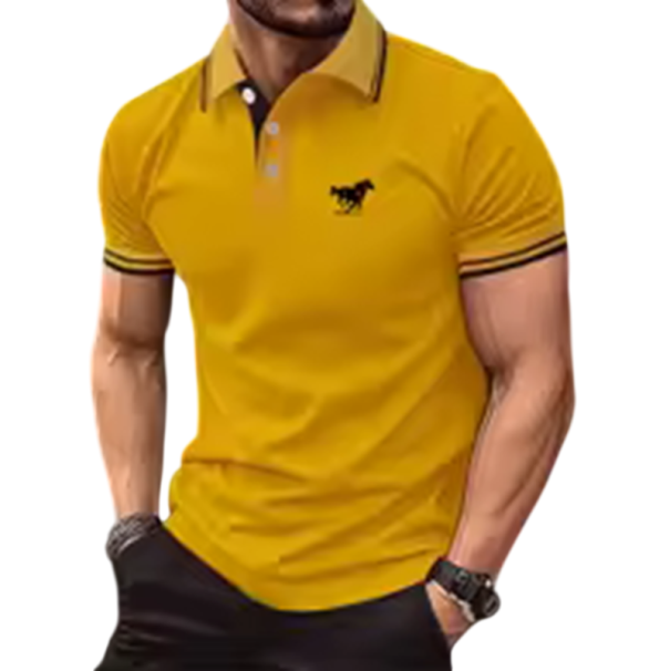 Men's Short Sleeve Polo Shirt Solid Colour Horse Print on Chest Collar Buttons Polyester Classic Fit yellow XL