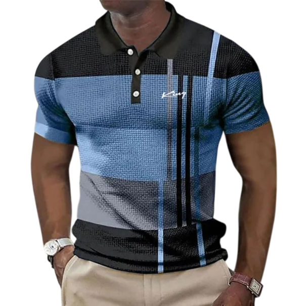Men's Short Sleeve Polo Shirt Striped Design Button Fastening Collar Lightweight Polyester Stylish Top for Everyday Wear blue XS