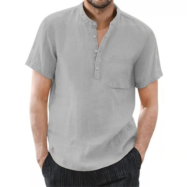 Men's Short Sleeve Shirt Plain Design Half Button Opening Pocket Button Fastening Cotton and Linen grey XS
