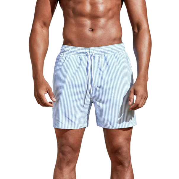 Men's Short Swim Shorts with Drawstring Striped Polyester Spandex Quick-Drying Elastic Summer Swimwear for Beach and Pool light blue L