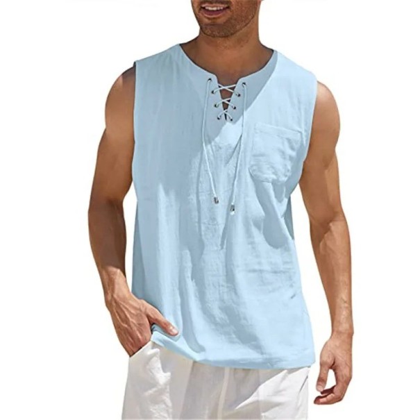 Men's Sleeveless Top Plain Design Pocket Drawstring V-Neck Lightweight Polyester blue XXL