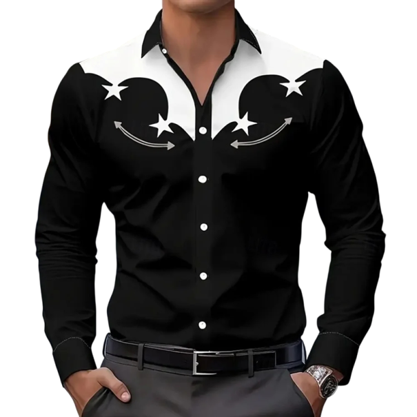 Men's Stretch Western Shirt with Long Sleeves, Contrast Yoke, Star Pattern on the Chest, Classic Collar and Button Cuffs black XXS