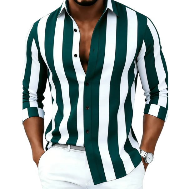 Men's Striped Long Sleeve Shirt with Wide Vertical Stripes in a Fitted Cut with Contrasting Cuffs and a Classic Collar green XS