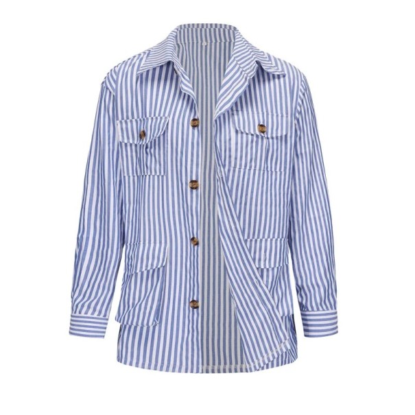 Men's Striped Shirt Jacket with Tie Belt at the Waist and Four Flap Pockets, Long Sleeves and Classic Collar blue XXS